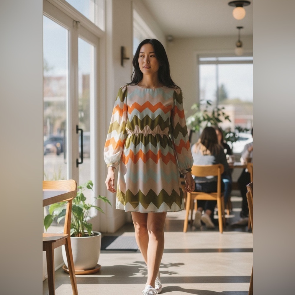 Gianni Bini long-sleeve dress with a geometric zig-zag pattern Size Medium